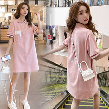 敏潮格伦孕妇装夏季新款孕妇裙子时尚韩版连衣裙学院风翻领中长款T恤裙薄 粉色 XXL