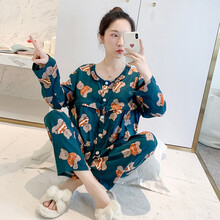 十月结晶同款 夏季绵绸月子服产妇薄款纯棉绸长袖哺乳衣人造棉产后孕妇喂奶睡衣 横开拉链哺乳小熊 XL