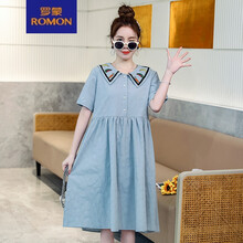 罗蒙(ROMON)孕妇连衣裙洋气夏天时尚刺绣孕妇裙子夏装短袖潮妈外出哺乳上衣女 浅蓝裙子 XL