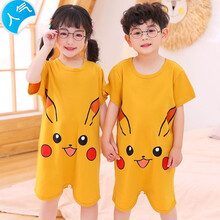 【】儿童睡衣连体夏季短袖男童薄款女童睡袋防踢被小孩空调家居服 03 B连体纯棉短袖-皮卡丘 18码 身高140-150cm