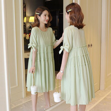 孕妇装夏装时尚潮妈短袖孕妇套装春夏季中长款外穿孕妇裙夏天大码孕妈装宽松舒适孕妇连衣裙子 牛油果绿 L