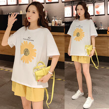 珺瑞禾  孕妇套装夏季2021新款潮妈外出时尚款短袖短裤休闲运动孕妇装两件套 太阳花上衣 M(建议体重90-110斤)