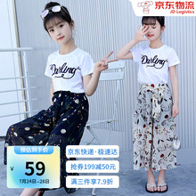 南极人童装女童套装夏2021夏装棉质短袖中大童雪纺女童两件套儿童阔腿裤潮 藏青套装 120cm