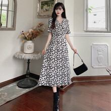 敏潮格伦有腰带网红款孕妇装碎花连衣裙V领泡泡袖a字裙长裙 图片色 XL