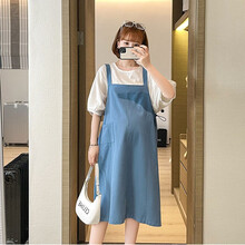 南叮雅格孕妇夏装背带裙套装夏季时尚款T恤孕妈夏天连衣裙两件套孕妇裙子减龄潮 蓝色套装 M