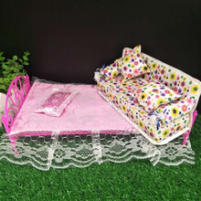 芭比娃娃套装鞋子双人床家具配件衣服欧式衣柜公主睡床卧室被子 30厘米床+被子+布沙发+2个抱枕