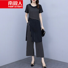 南极人高档品牌女装 时尚阔腿裤套装2021年夏季新款胖妹妹洋气显瘦雪纺两件套套装透气大码女装 黑色(套装) M【建议84-94斤】