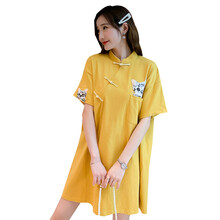 敏潮格伦新款2021夏宽松复古中国风改良旗袍刺绣文艺少女T恤裙孕妇连衣裙 黄色 M
