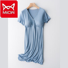 猫人【MiiOW】哺乳睡裙夏季薄款喂奶衣哺乳上衣中长款产后孕妇连衣裙月子服短袖家居服套装 蓝 XL