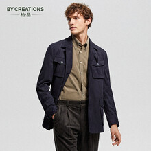 By Creations柏品男士夹克商务休闲百搭外套翻领多口袋上衣男仿麂皮纯色复古猎装夹克衫 藏青色 L