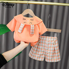 迪士尼【轻奢高端】女童夏装套装2021新款儿童夏季衣服短袖0-6岁女孩子百褶裙洋气宝宝休闲两件套 桔色 100
