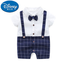 迪士尼(Disney)婴儿连体衣夏季短袖英伦满月衣服0一1宝宝周岁礼服男夏装小孩子穿的 蓝色格子 90cm