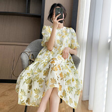 敏潮格伦夏季孕妇连衣裙薄款泡泡袖碎花裙时尚气质遮肚显瘦孕妇连衣裙 黄色 XL