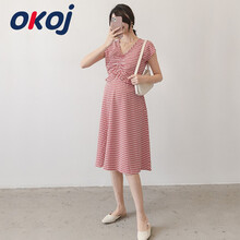 OKOJ 孕妇连衣裙 夏装甜美格子孕妇裙夏季高腰V领长裙孕妇装夏天无袖裙子潮妈 红色 L