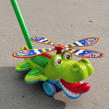 小飞机手推车 大号手推飞机响铃眨眼吐舌头学走路儿童手推学步玩具卡通动物 鳄鱼绿色【加粗加长杆】