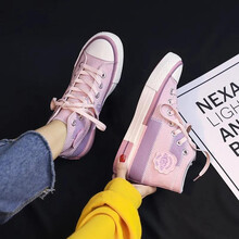 飞耀高帮帆布鞋女新款拼接缝补平底ulzzang板鞋学生休闲鞋韩版百搭网红脏脏鞋 8229粉紫 39
