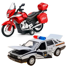 汽车模型合金警车特警救护车跑车声光回力开门合金礼盒套装儿童玩具模型 桑塔纳警+摩托车[颜色随机]（二只装）