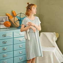 源外莫代尔哺乳孕妇睡裙短袖怀孕产妇家居裙夏季外出喂奶衣月子服薄款 浅绿条纹 M【建议85-110斤】