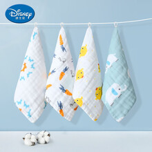 迪士尼（Disney）纯棉婴儿纱布口水巾围嘴手帕宝宝小方巾新生儿毛巾洗脸巾 小方巾4条装：狐狸+萝卜兔+小鸡+小象