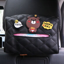 车载纸巾盒网红卡通创意汽车抽纸盒车用挂式扶手箱遮阳板纸巾盒 菱形纸巾盒黑色-英文薯条熊(品牌纸巾一包)