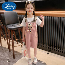 迪士尼专卖品牌女童背带裤套装2021新款韩版洋气女孩童装夏季儿童夏装薄款两件套 豆粉色+可拆卸玩偶 110cm
