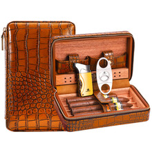 雪茄保湿盒 雪茄盒便携式雪茄剪打火机三件套装工具雪笳盒随身保湿雪茄包 咖啡色鳄鱼纹套装(不含雪茄)