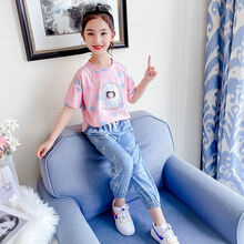 ℂ℘VS EK 品牌童装品质保证女童套装夏装2021新款中大童韩版女孩纯棉体恤天丝牛仔蚊裤套装 粉红色小美女印花套装 110 适合身高105cm