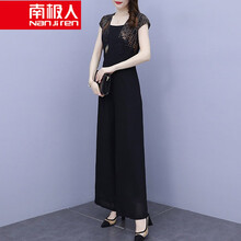 南极人高档品牌女装 盐系炸街胖mm高端名媛大码阔腿裤套装时尚减龄雪纺连体裤夏两件套套装透气显瘦时尚 黑色 L建议105-119斤