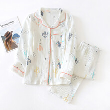 夏季薄款孕妇睡衣春秋纯棉纱布月子服5月份产后4产妇7哺乳家居服6 绉布翻领仙人掌 XL【120-140斤】