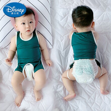 迪士尼（Disney）男婴儿连体衣服女宝宝睡衣冰丝薄款夏装夏季新生儿套装肚兜护肚围官方旗舰婴儿穿的衣 墨绿背心肚兜 80码建议1-2岁