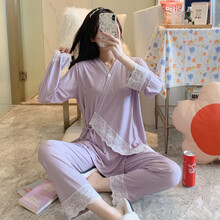 十月结晶 商场同款莫代尔和服月子服冰丝纯棉孕妇睡衣女夏大码产后哺乳喂奶衣家居服 318 紫色 L(建议 90-120 斤)