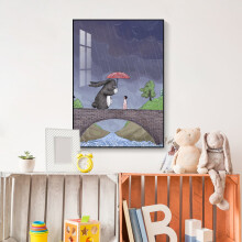 起贝 现代简约儿童房装饰画卡通动物卧室床头男孩女孩房间挂画壁画 7.下雨了（默认黑色框3厘米厚） 烤瓷画-40x60厘米