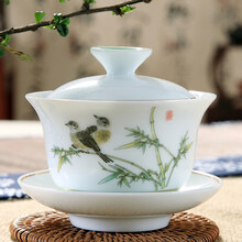 邱公子家用陶瓷白瓷功夫茶具茶艺荷花盖碗古代茶杯套装茶碗三才杯泡茶碗小号大号 金镶玉-鸟趣盖碗