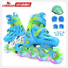 美洲狮（COUGAR） 美洲狮溜冰鞋儿童套装闪电轮滑鞋男女可调滑冰旱冰鞋 MZS885 蓝色全闪套装(含护具头盔) L(35-38)合适平时鞋码32-35