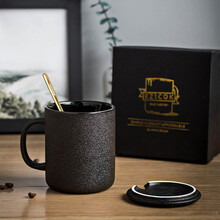 ezicok 办公室陶瓷马克杯带盖杯子高档礼品杯男士水杯咖啡杯简约黑色杯子日式陶瓷杯精致礼盒包装 黑色简约款