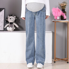 孕妇阔腿裤春秋九分喇叭裤秋潮妈宽松时尚大码牛仔外穿孕妇裤子 浅蓝色 M