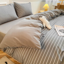 南极人（Nanjiren） 简约四件套纯色水洗棉床单被罩良品床单四件套单人双人床4件套 麻灰白条 2.0m床单款四件套-被套2.0x2.3