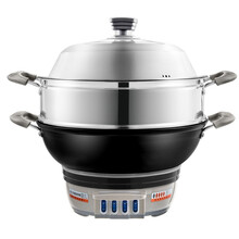 电炒锅家用电锅多功能电热锅电炒菜锅铸铁锅加厚电蒸锅电火锅蒸煮炒一体锅 铸铁36cm带一钢笼（如换竹笼请告知）