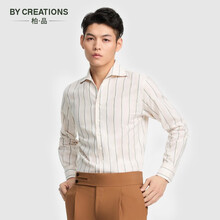 By Creations柏品男装棉麻一片领商务休闲衬衫男干爽透气修身条纹正装长袖衬衣 绿白条纹 40