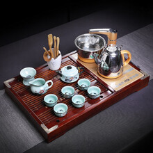 琪馨边 紫砂功夫陶瓷简约茶具套装整套办公室家用全自动上水电磁炉喝茶台茶道实木茶盘乌金石盘礼品 红色茶盘+青瓷套组+自动烧水壶