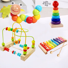 宝宝早教木制八音琴小绕珠拼插积木形状配对幼儿童益智玩具俄罗斯方块积木组合3-7周岁男女孩玩具 原木绕珠+扭扭虫+八音琴+彩虹塔