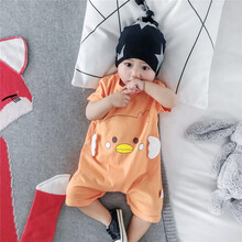 0-3-6-9-12个月婴儿短袖连体衣夏装男女宝宝新生儿夏季全棉包屁衣 橘色卡通鸭哈衣 66CM建议身高在66cm以内