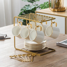 达沃 简约咖啡杯套装陶瓷欧式水杯杯具创意家用英式下午茶茶具马克杯金边 6杯6碟6勺（白色）带铁架