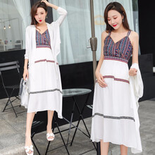 孕妇装夏装2019新款孕妇连衣裙中长款时尚潮妈孕妇裙子夏季两件套 裙子+披肩 L