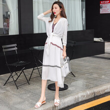 孕妇装夏装2019新款孕妇连衣裙中长款时尚潮妈孕妇裙子夏季两件套 裙子+披肩 XL