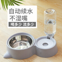 hoopet猫碗猫咪饮水吃饭双碗自动喂食器猫咪粮食盆两用碗猫粮盆宠物不锈钢饭盆水碗喝水器用品 灰色 31cm*17.5cm*6cm(227.5g)