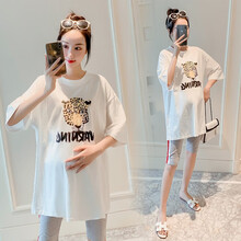 孕妇装夏装外出2019新款上衣t恤孕妇连衣裙中长款时尚潮妈孕妇套装夏季宽松透气孕妇裙子 白色单件上衣 XL