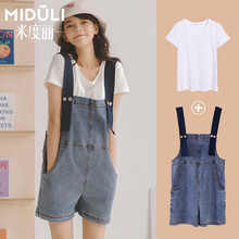 米度丽 孕妇短裤孕妇裤子夏秋薄款外穿牛仔背带裤套装宽松阔腿裤夏装潮妈 背带裤+T恤 M码