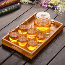 康韵  整套耐热加厚玻璃茶具套装家用功夫茶杯花茶壶过滤带茶盘公道杯 07简宇壶直把杯7件套+竹制托盘