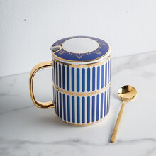 天城一品 欧式杯子女男陶瓷马克杯带盖勺创意情侣水杯办公室咖啡杯 锦上添花（蓝）